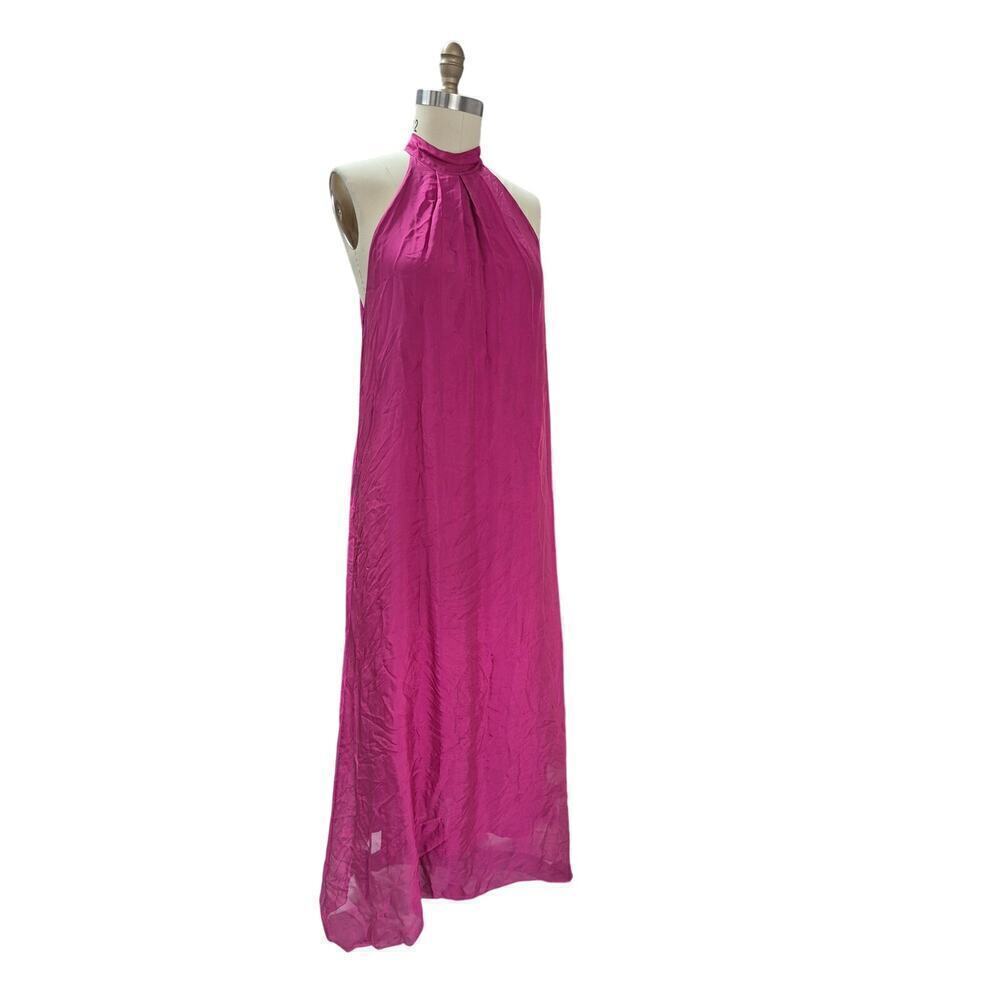 Angela Moda NWT Italian Silk Blend Halter Neck Maxi Dress Fuchsia Pink L